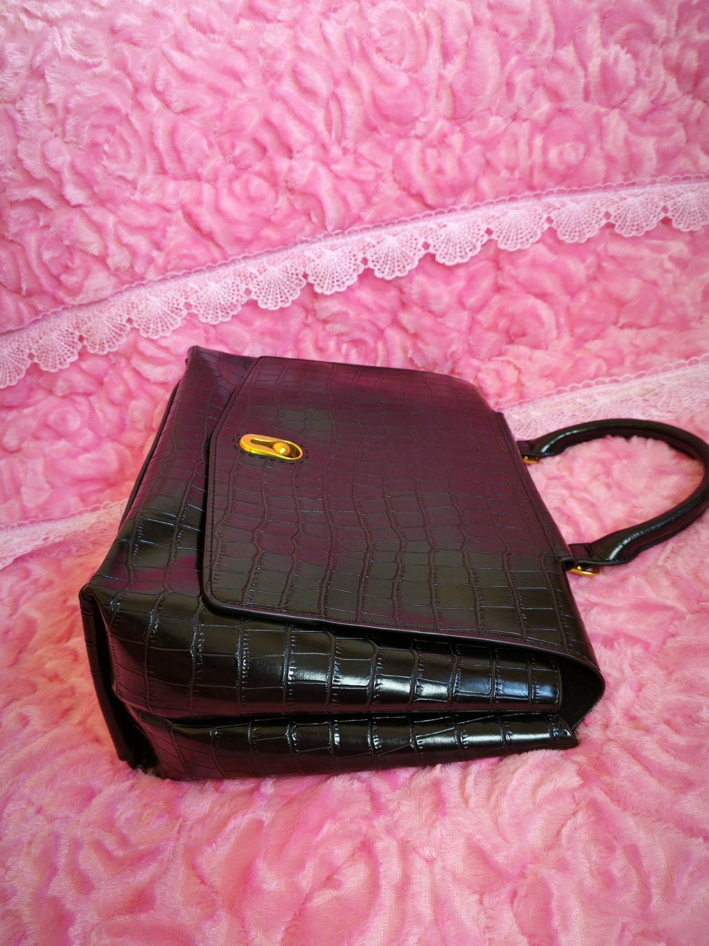 Black Crocodile-Print Crossbody Bag with Gold Buckle