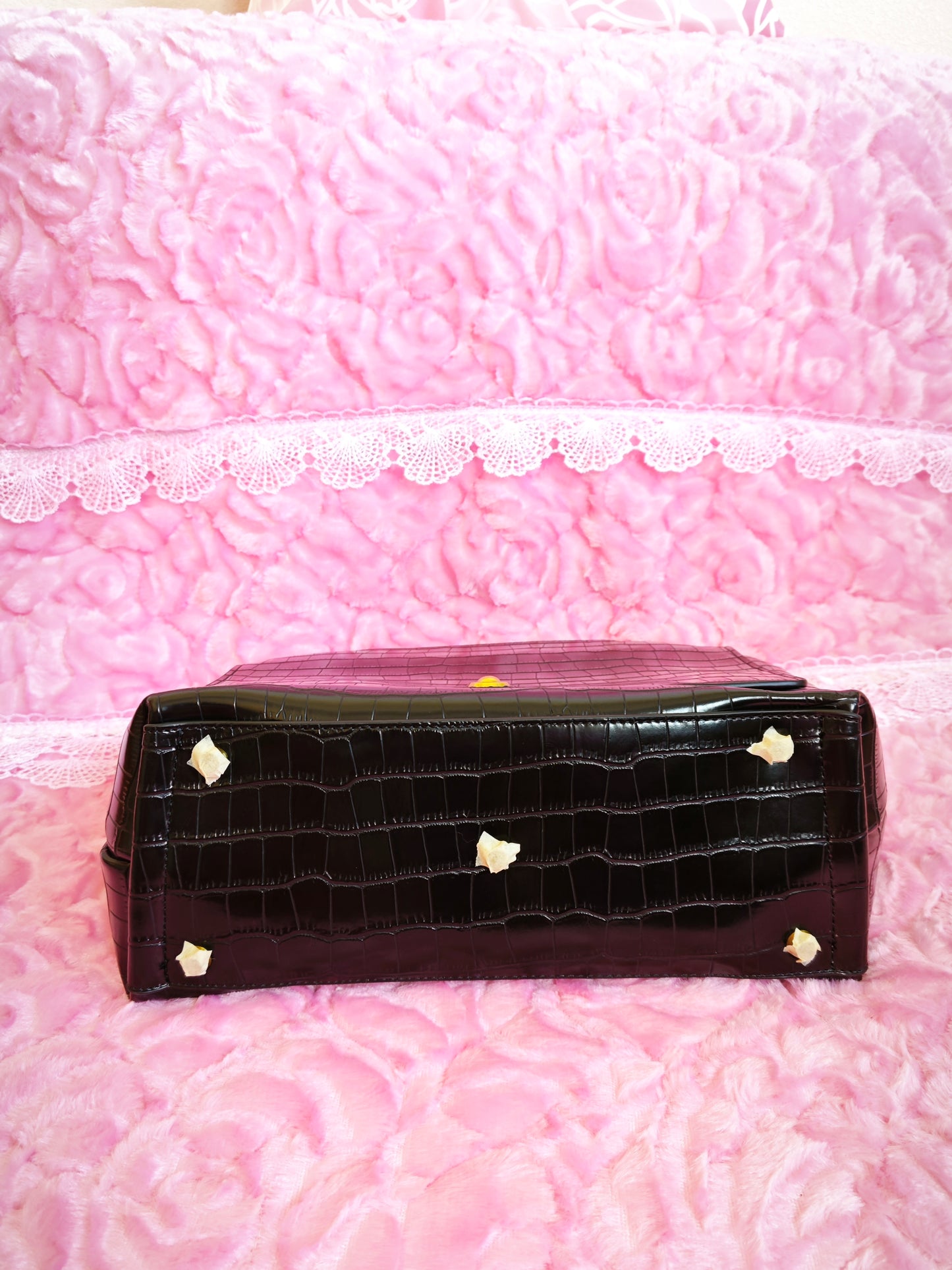 Black Crocodile-Print Crossbody Bag with Gold Buckle