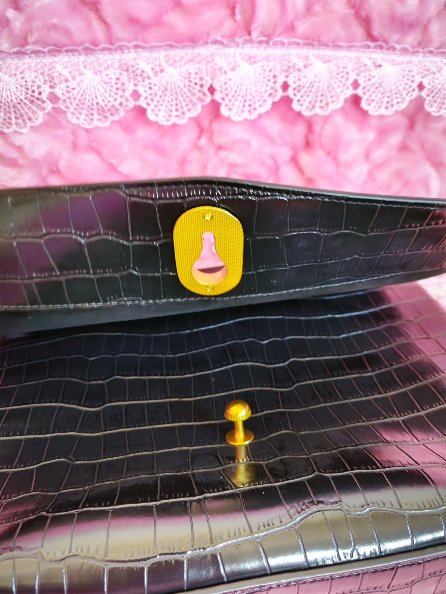 Black Crocodile-Print Crossbody Bag with Gold Buckle