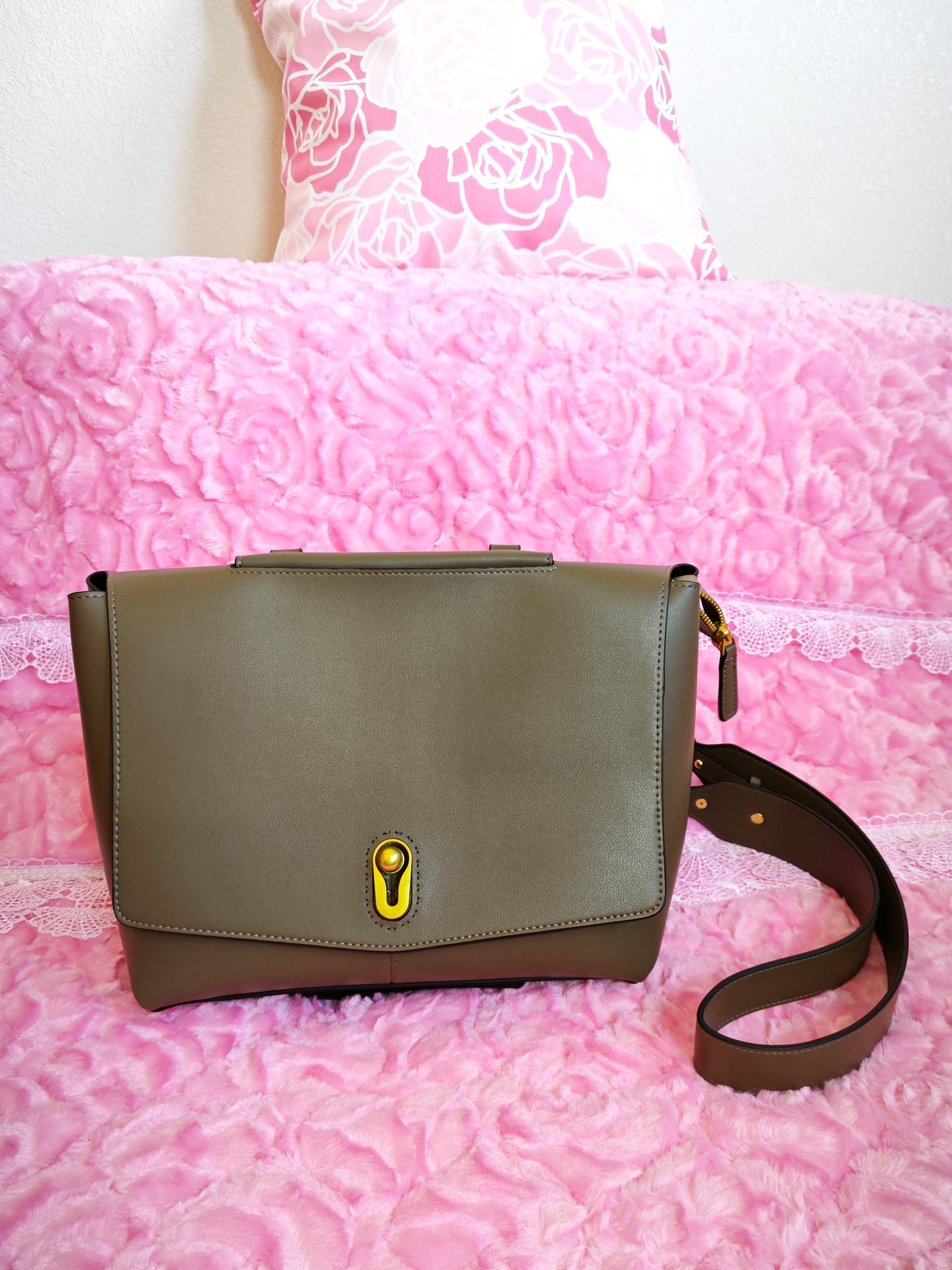 Taupe Crossbody Tote Bag with Gold Buckle