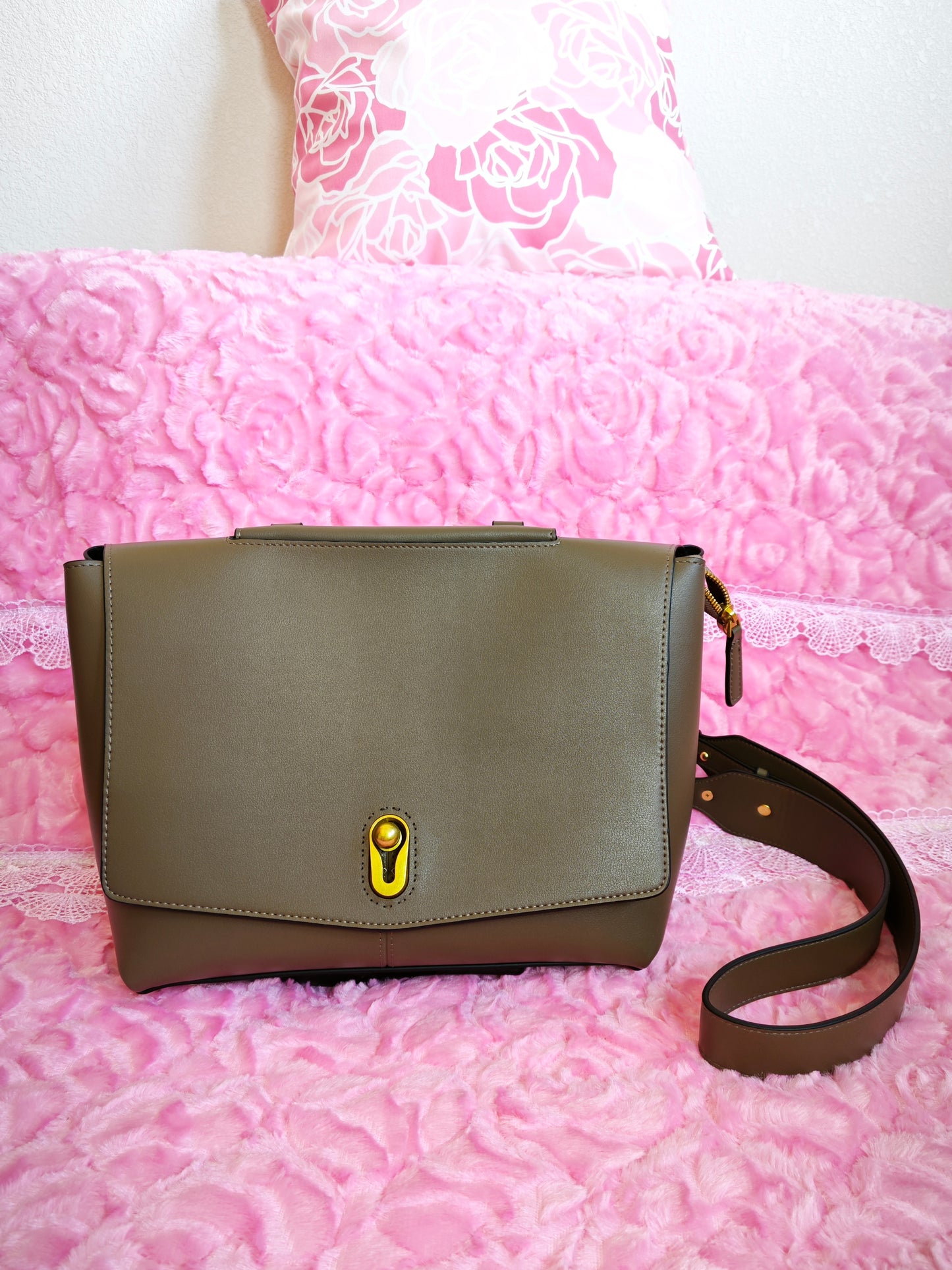 Taupe Crossbody Tote Bag with Gold Buckle