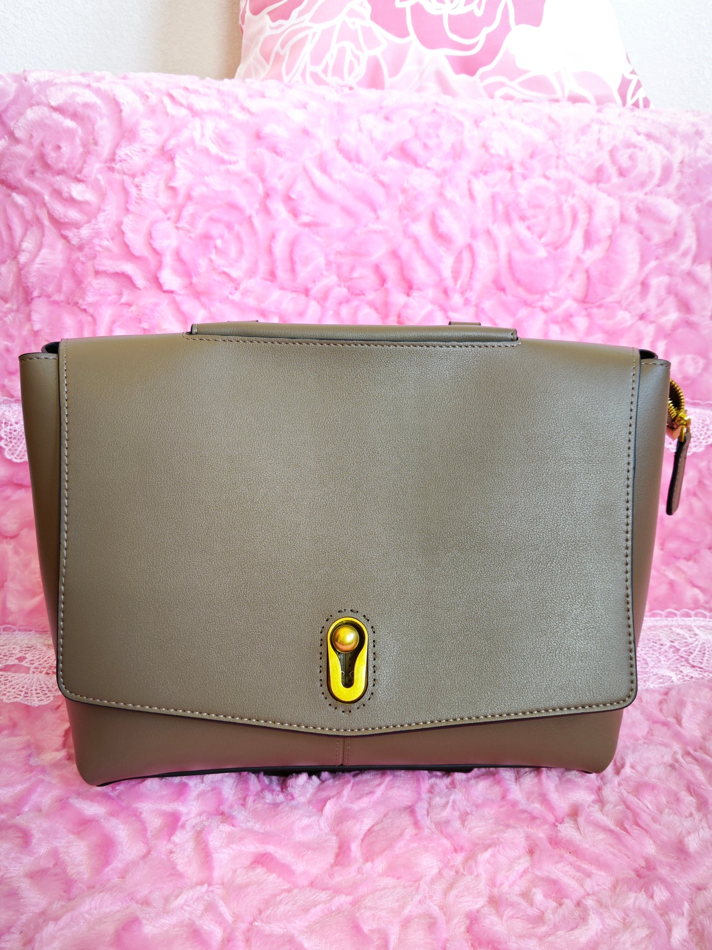Taupe Crossbody Tote Bag with Gold Buckle