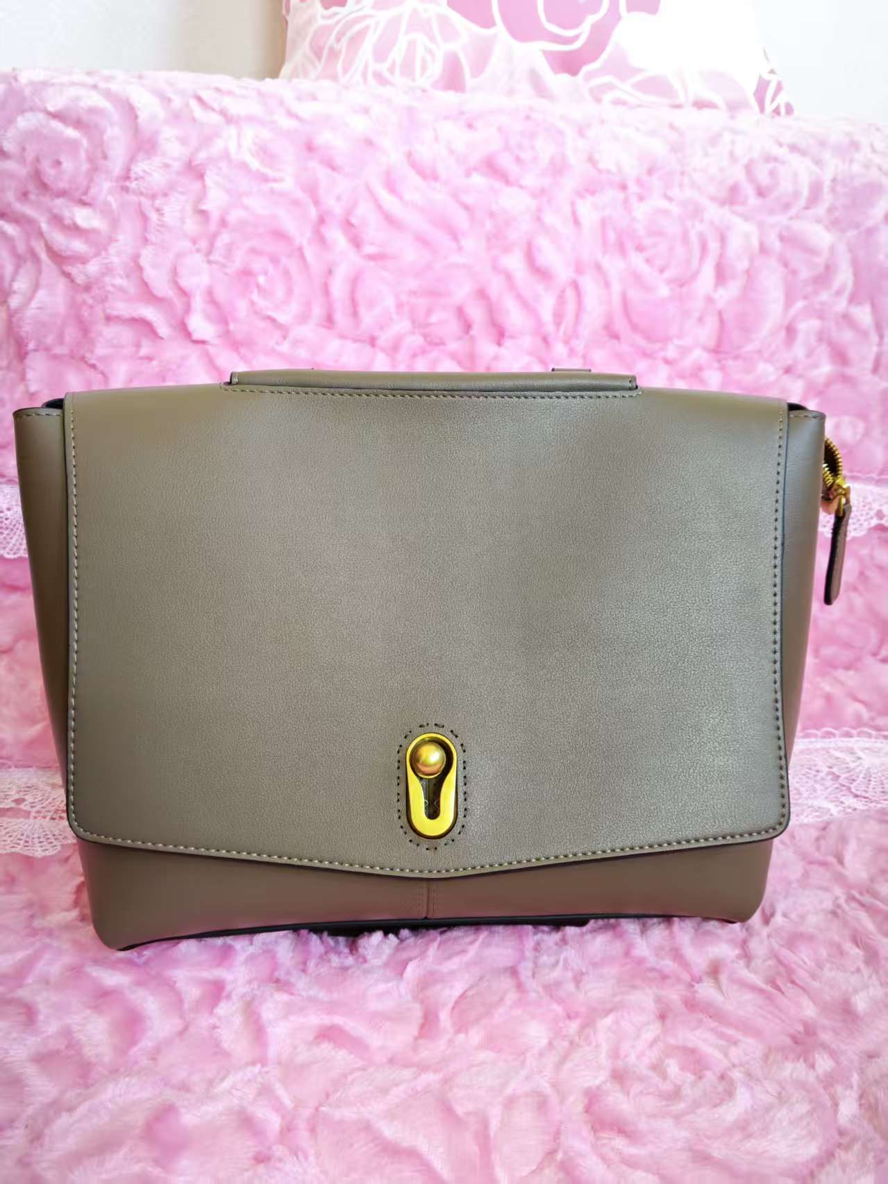 Taupe Crossbody Tote Bag with Gold Buckle
