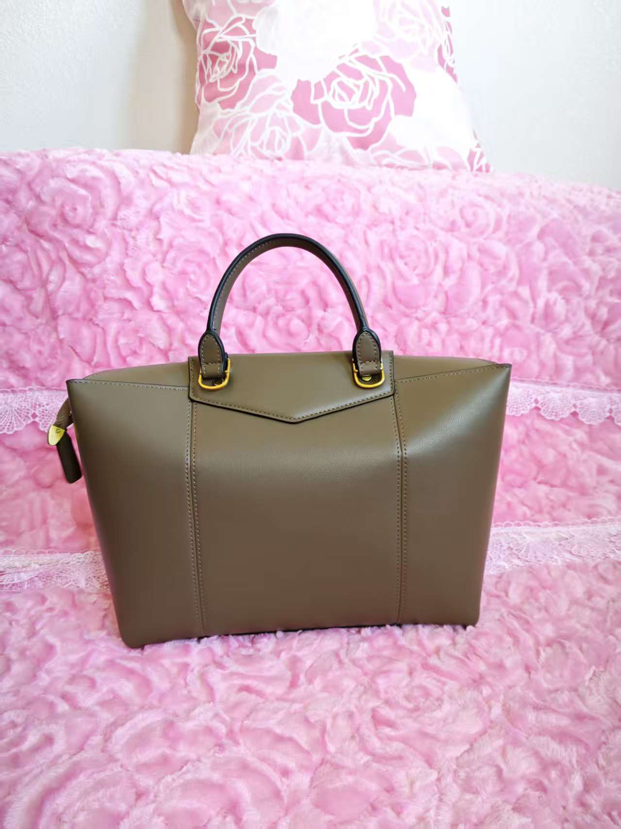 Taupe Crossbody Tote Bag with Gold Buckle