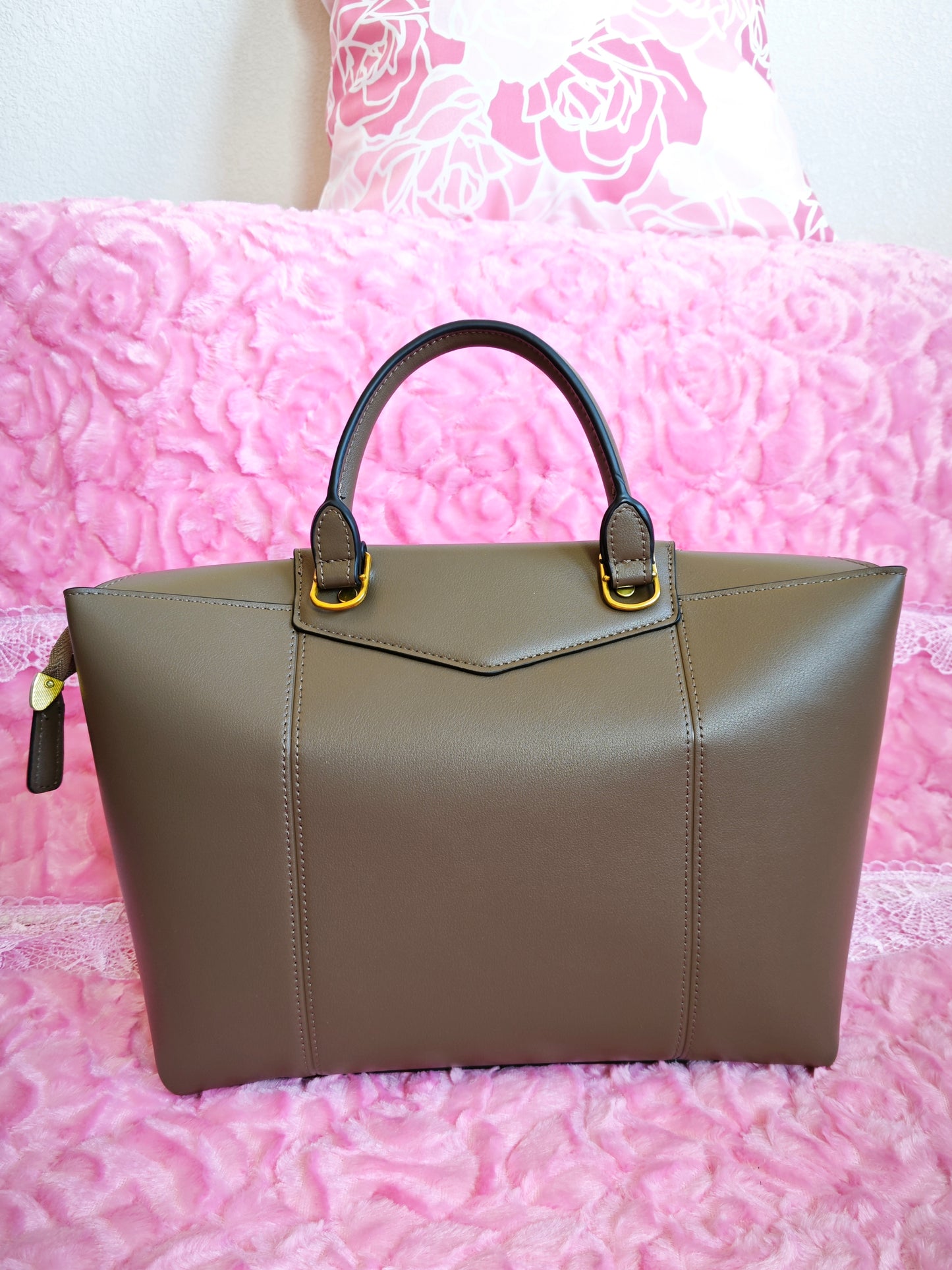 Taupe Crossbody Tote Bag with Gold Buckle