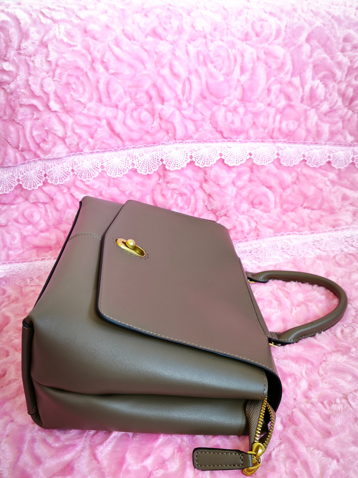 Taupe Crossbody Tote Bag with Gold Buckle