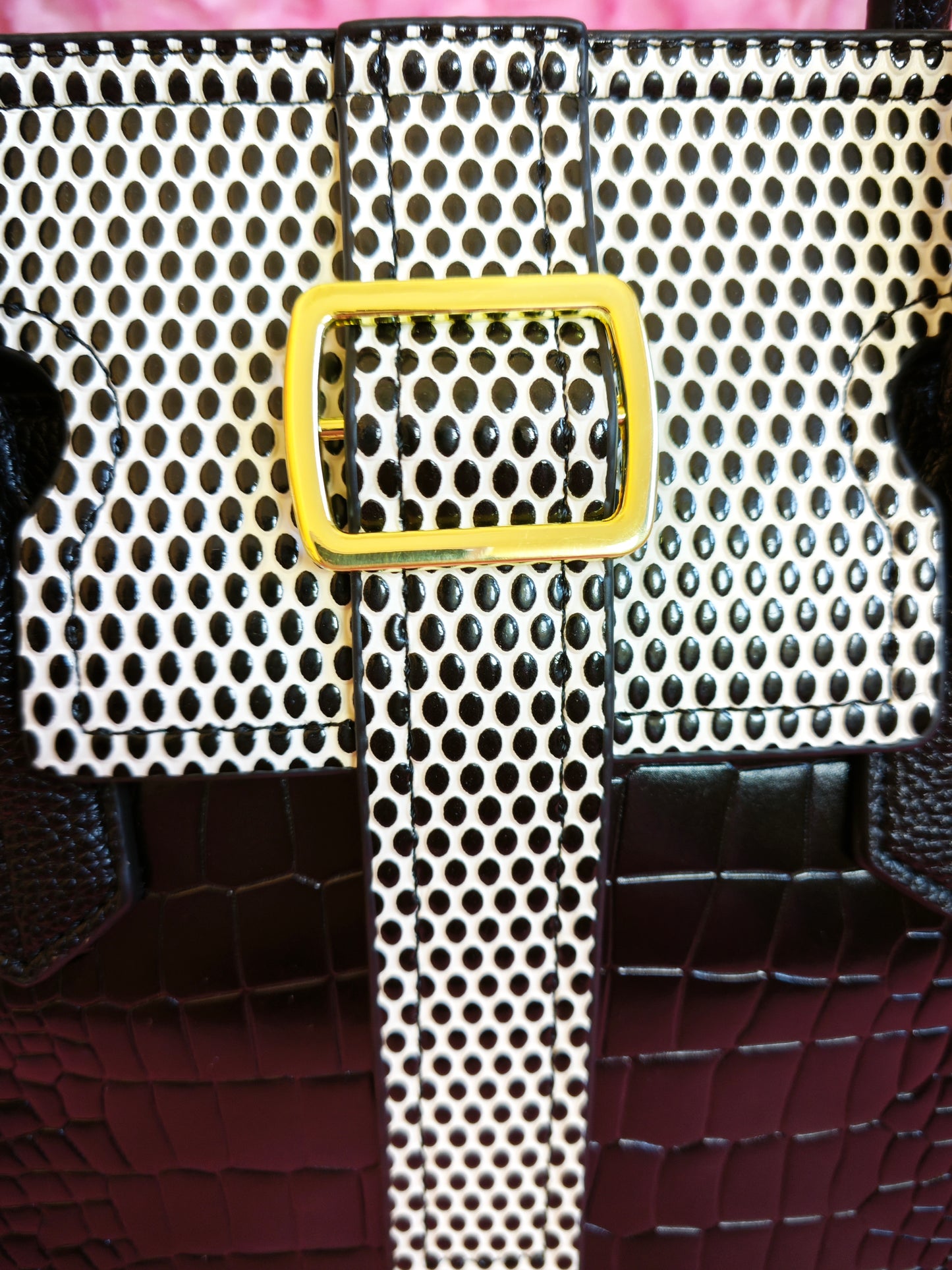 Black Contrast-Pattern Buckle Tote Bag