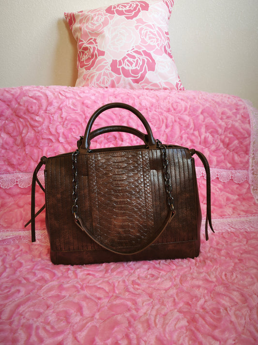Dark Brown Crocodile-Print Chain Tote Bag