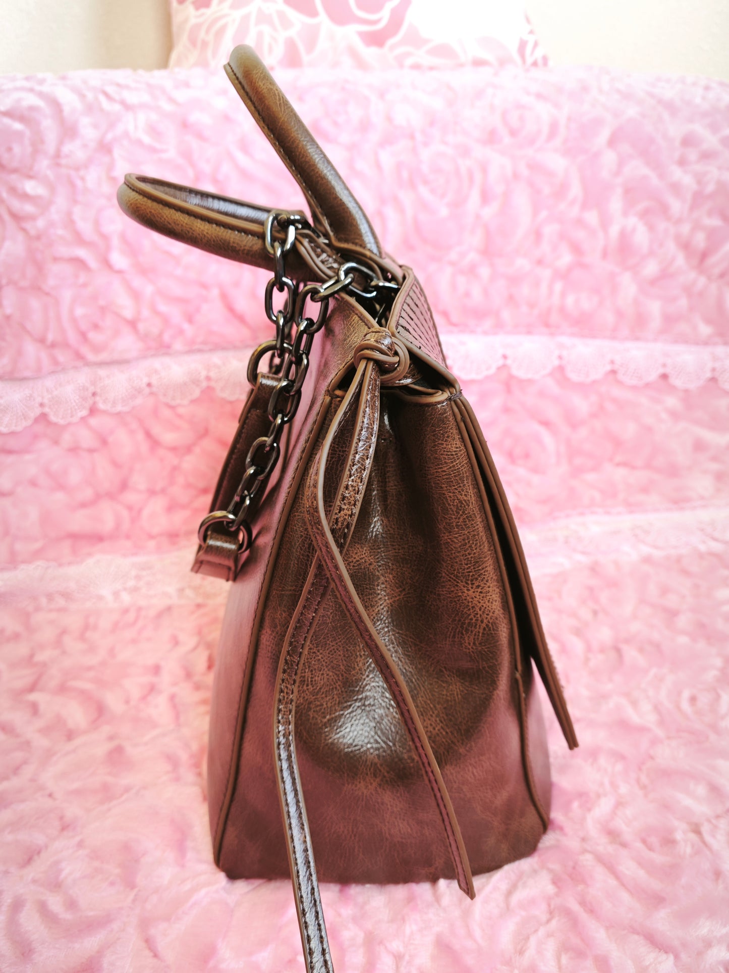 Dark Brown Crocodile-Print Chain Tote Bag