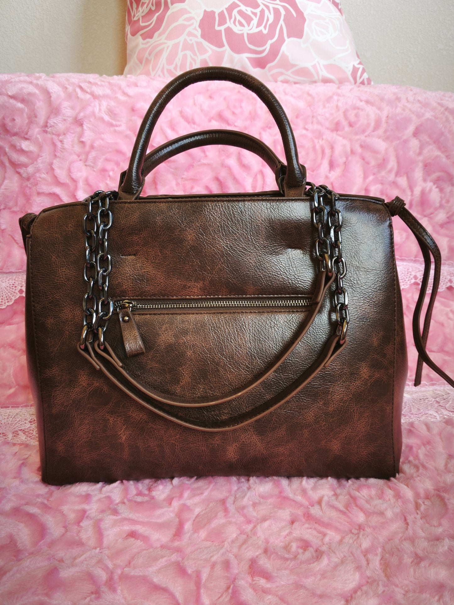 Dark Brown Crocodile-Print Chain Tote Bag