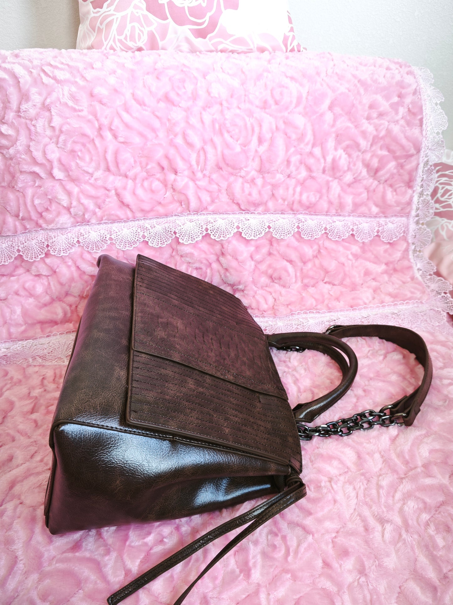 Dark Brown Crocodile-Print Chain Tote Bag