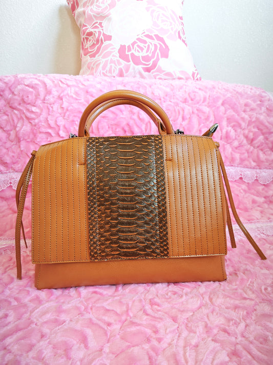 Warm Brown Snake-Print Panel Tote Bag