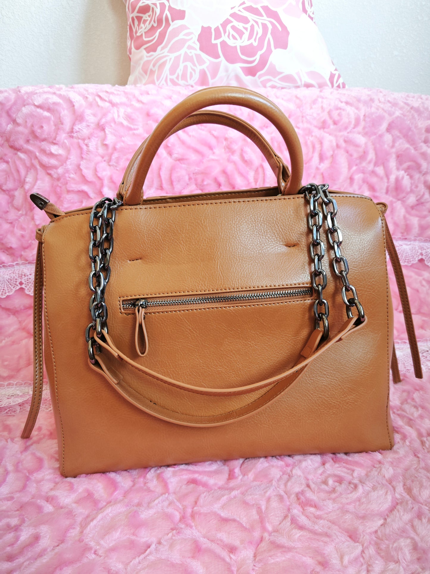 Warm Brown Snake-Print Panel Tote Bag