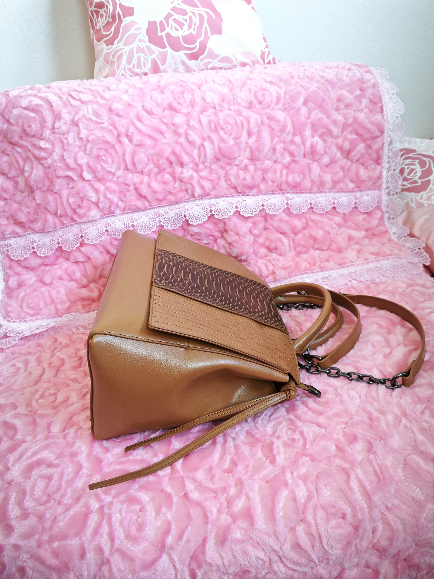 Warm Brown Snake-Print Panel Tote Bag