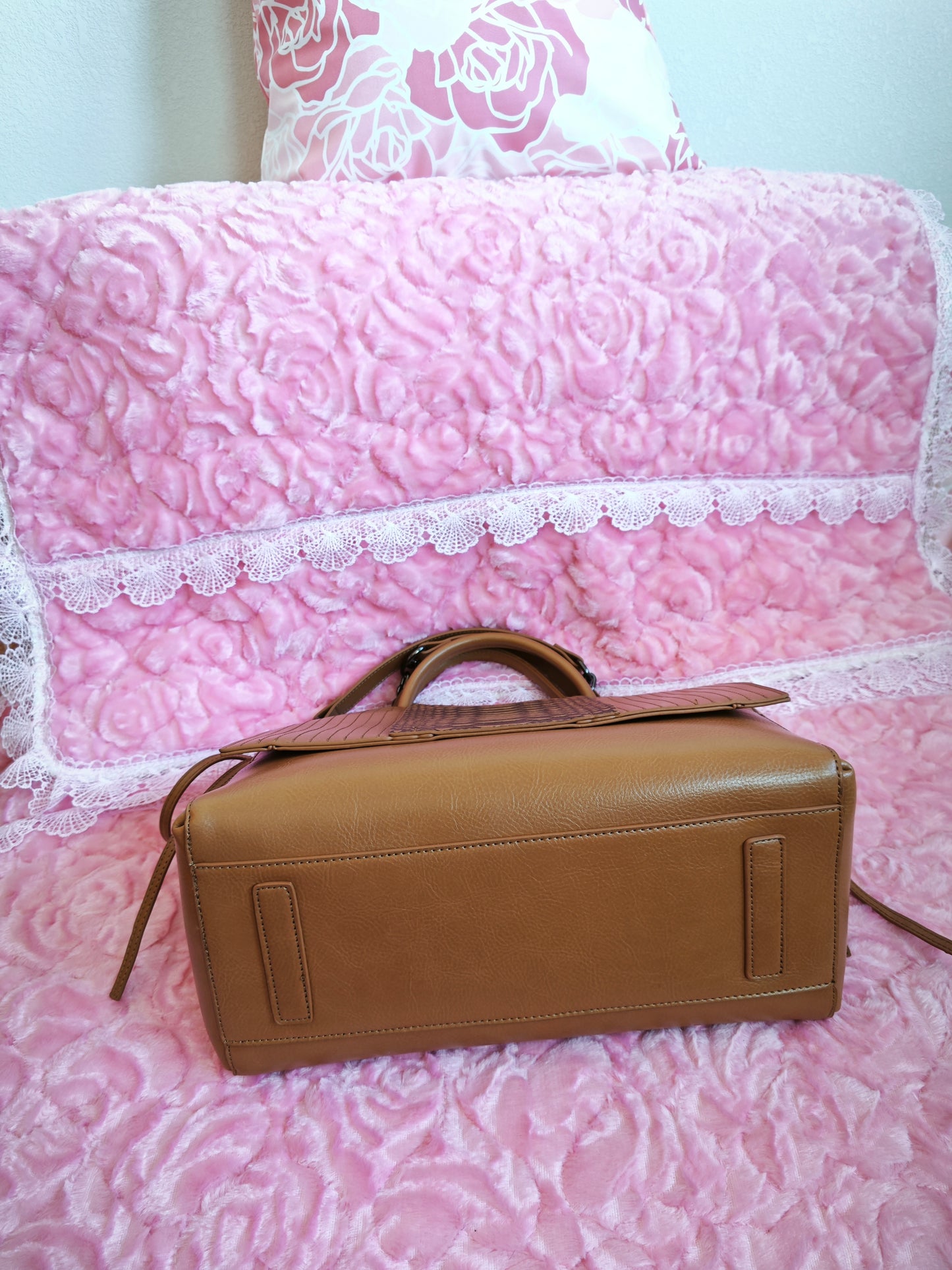 Warm Brown Snake-Print Panel Tote Bag