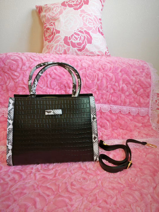 Black Crocodile & Snake-Print Panel Tote Bag
