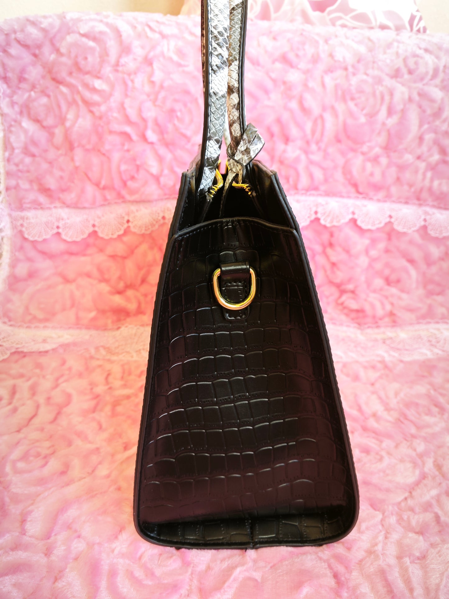 Black Crocodile & Snake-Print Panel Tote Bag