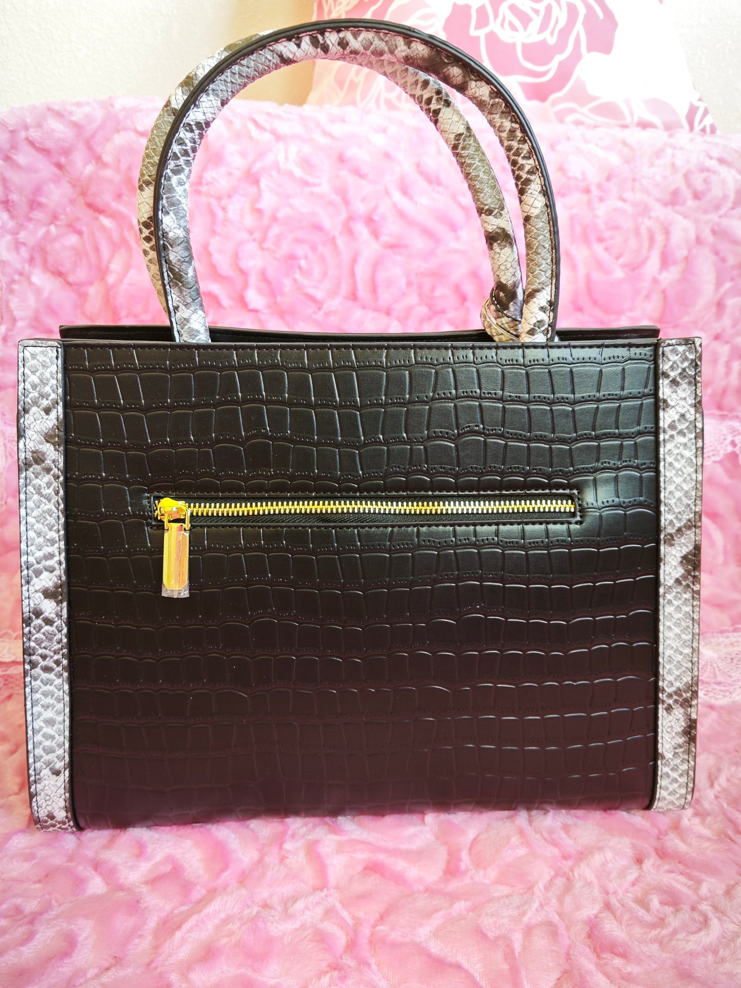 Black Crocodile & Snake-Print Panel Tote Bag
