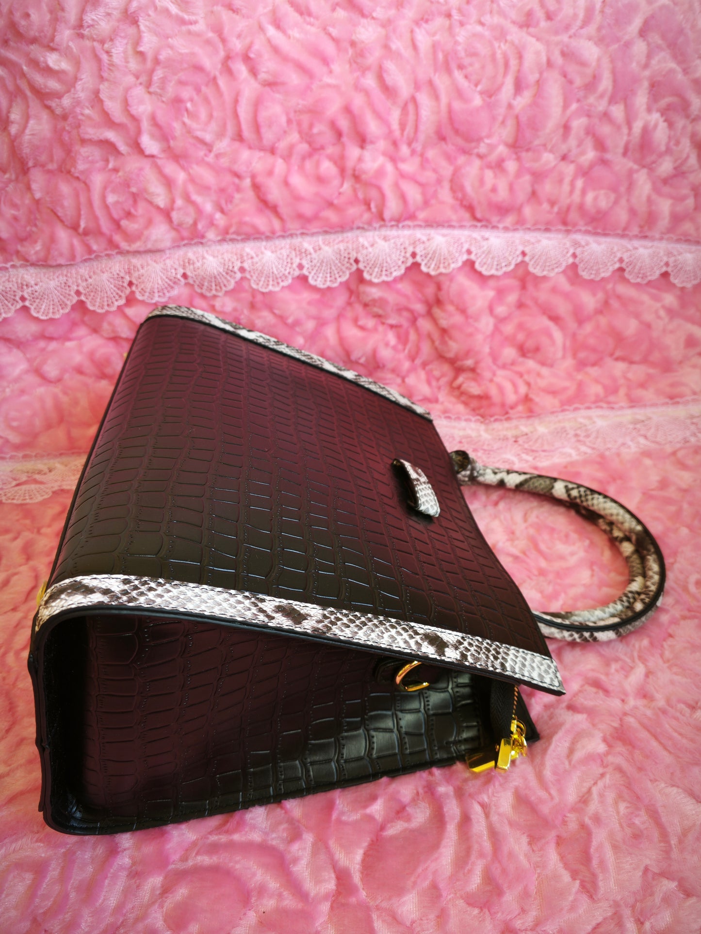 Black Crocodile & Snake-Print Panel Tote Bag