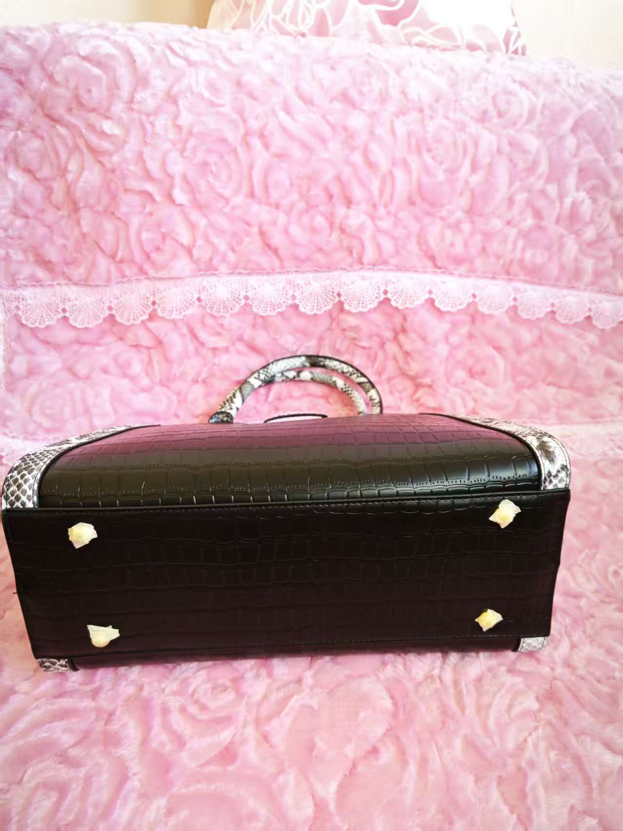 Black Crocodile & Snake-Print Panel Tote Bag