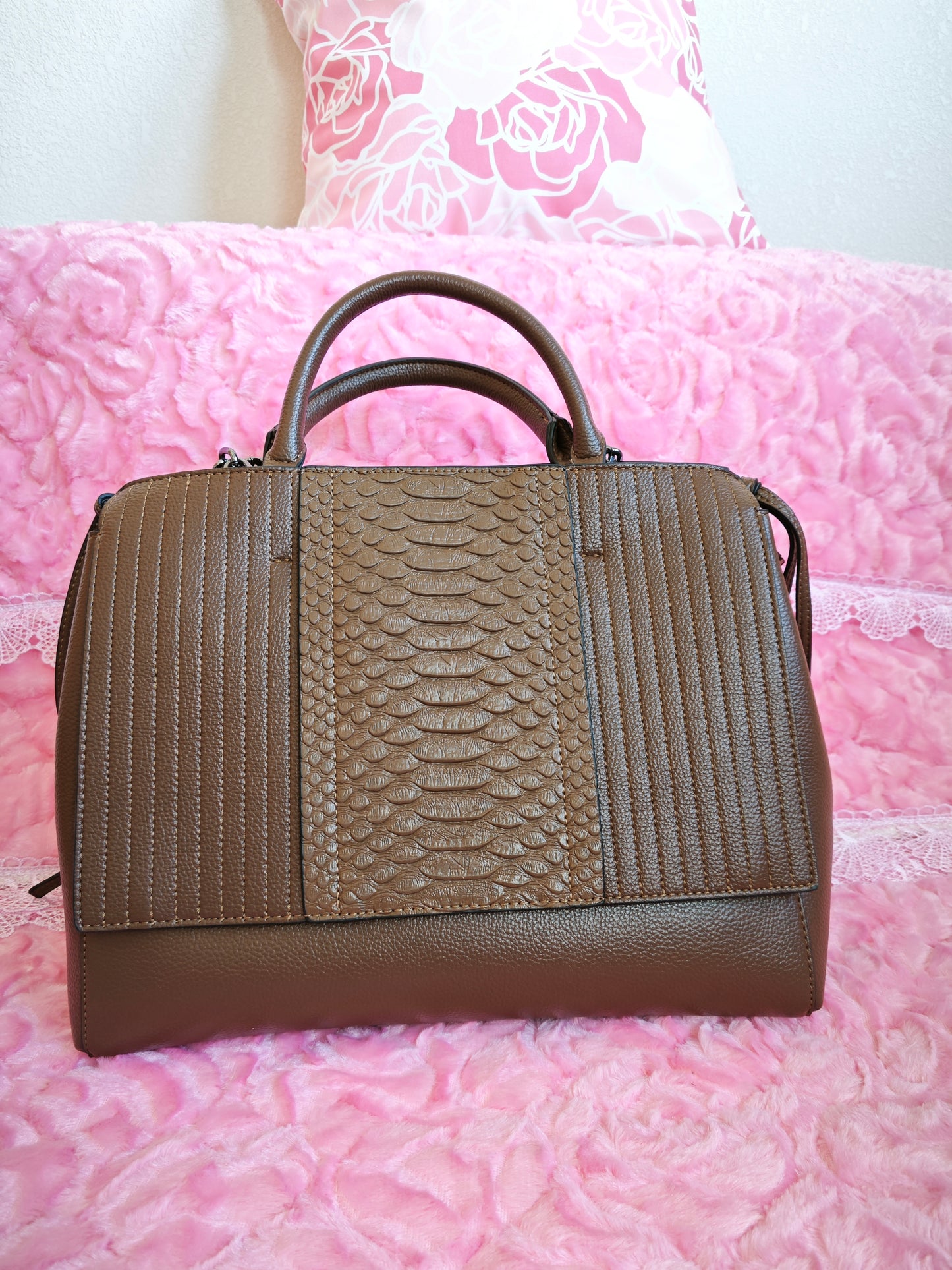 Dark Brown Snake-Print Panel Tote Bag