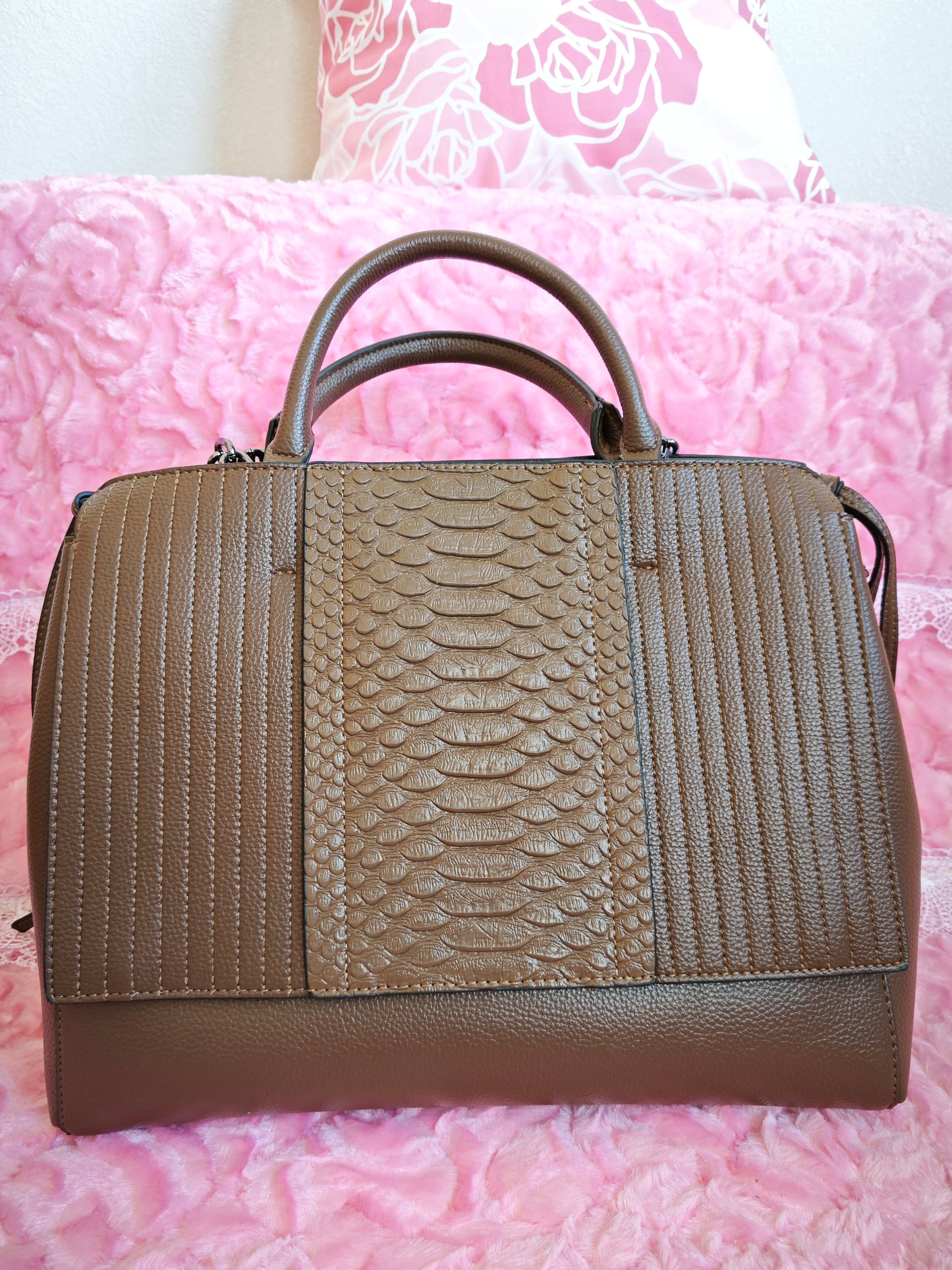 Dark Brown Snake-Print Panel Tote Bag