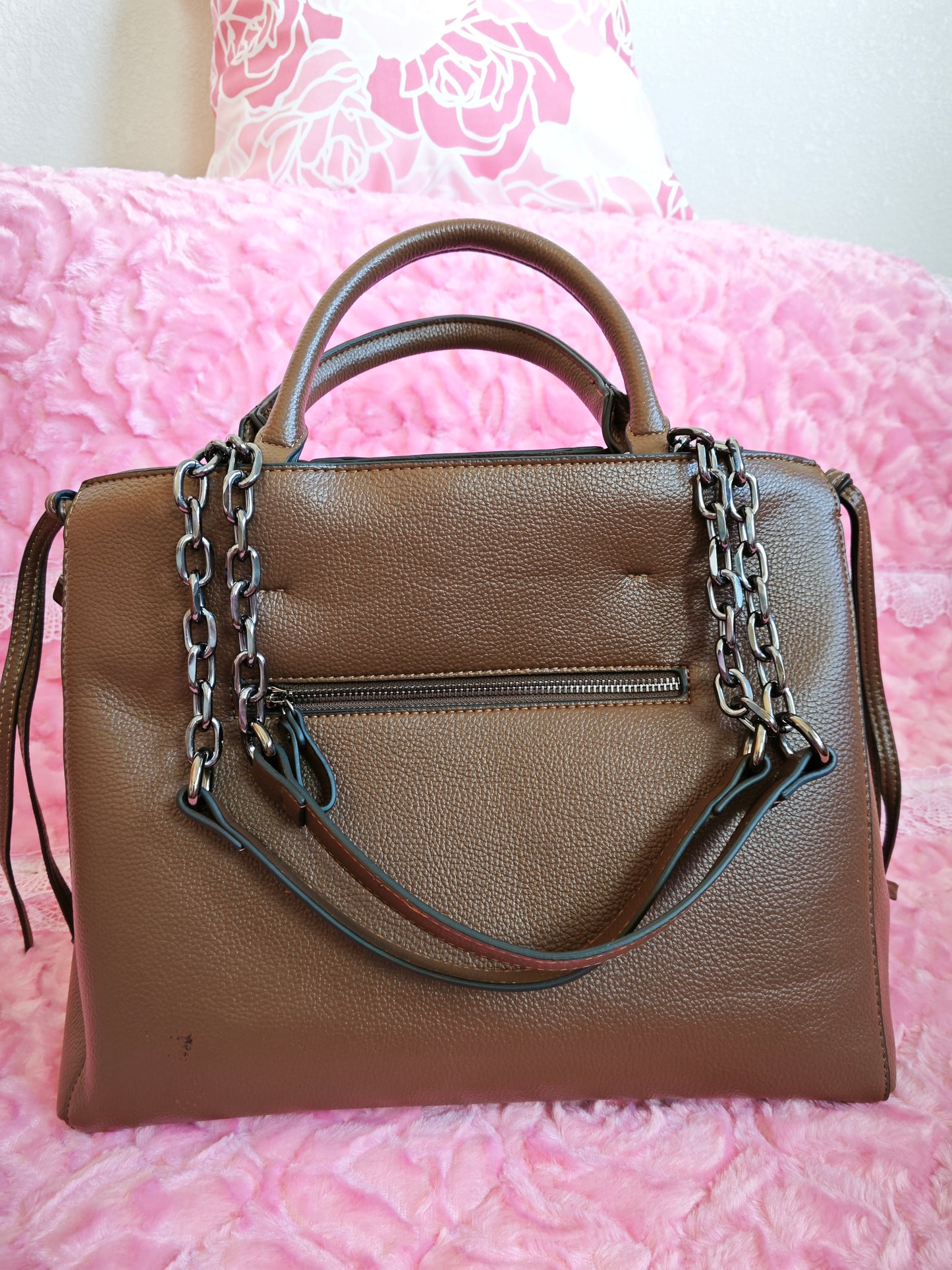 Dark Brown Snake-Print Panel Tote Bag