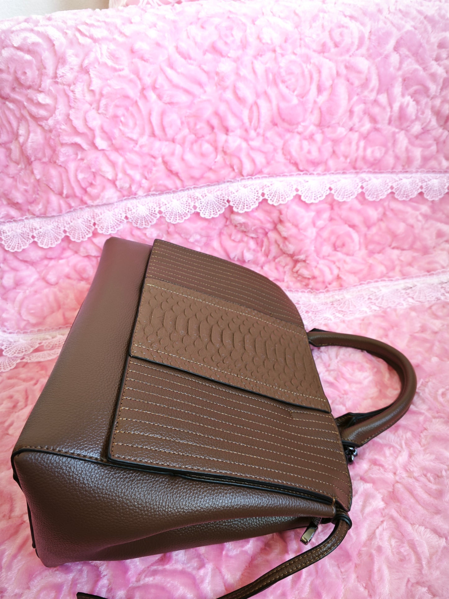 Dark Brown Snake-Print Panel Tote Bag