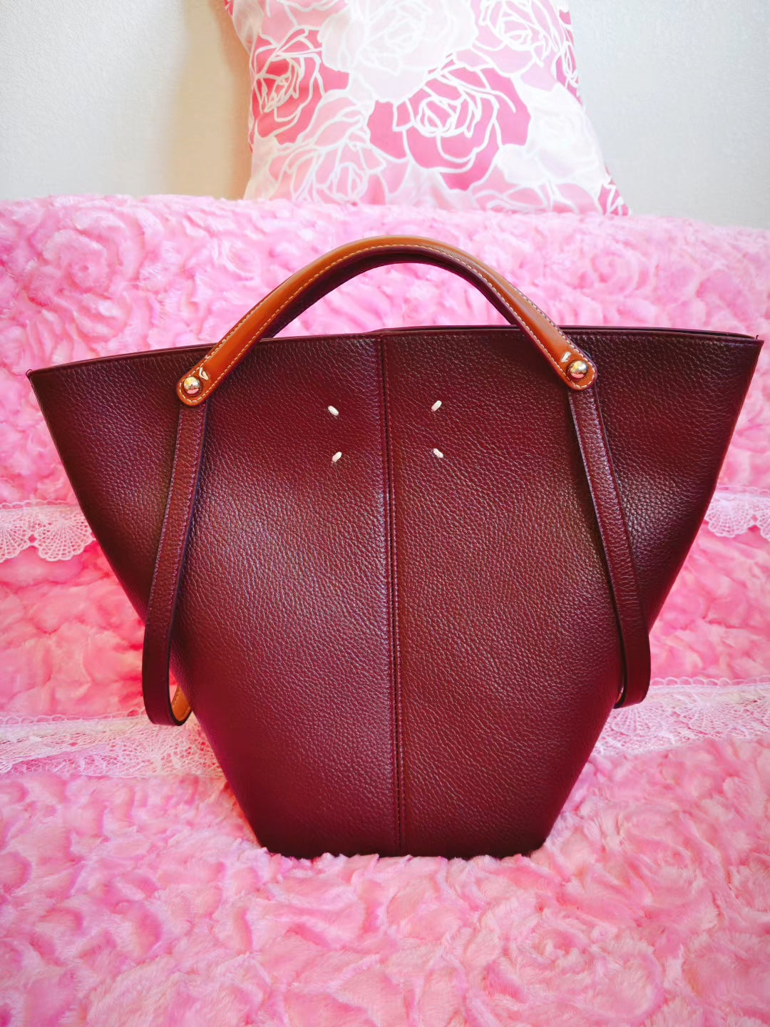 Burgundy Textured Tote BagWith Matching Pouch