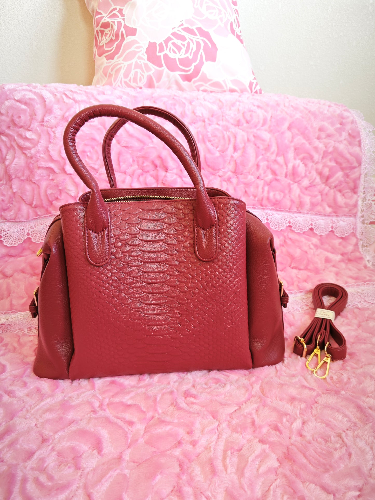 Burgundy Snake-Print Tote Bag