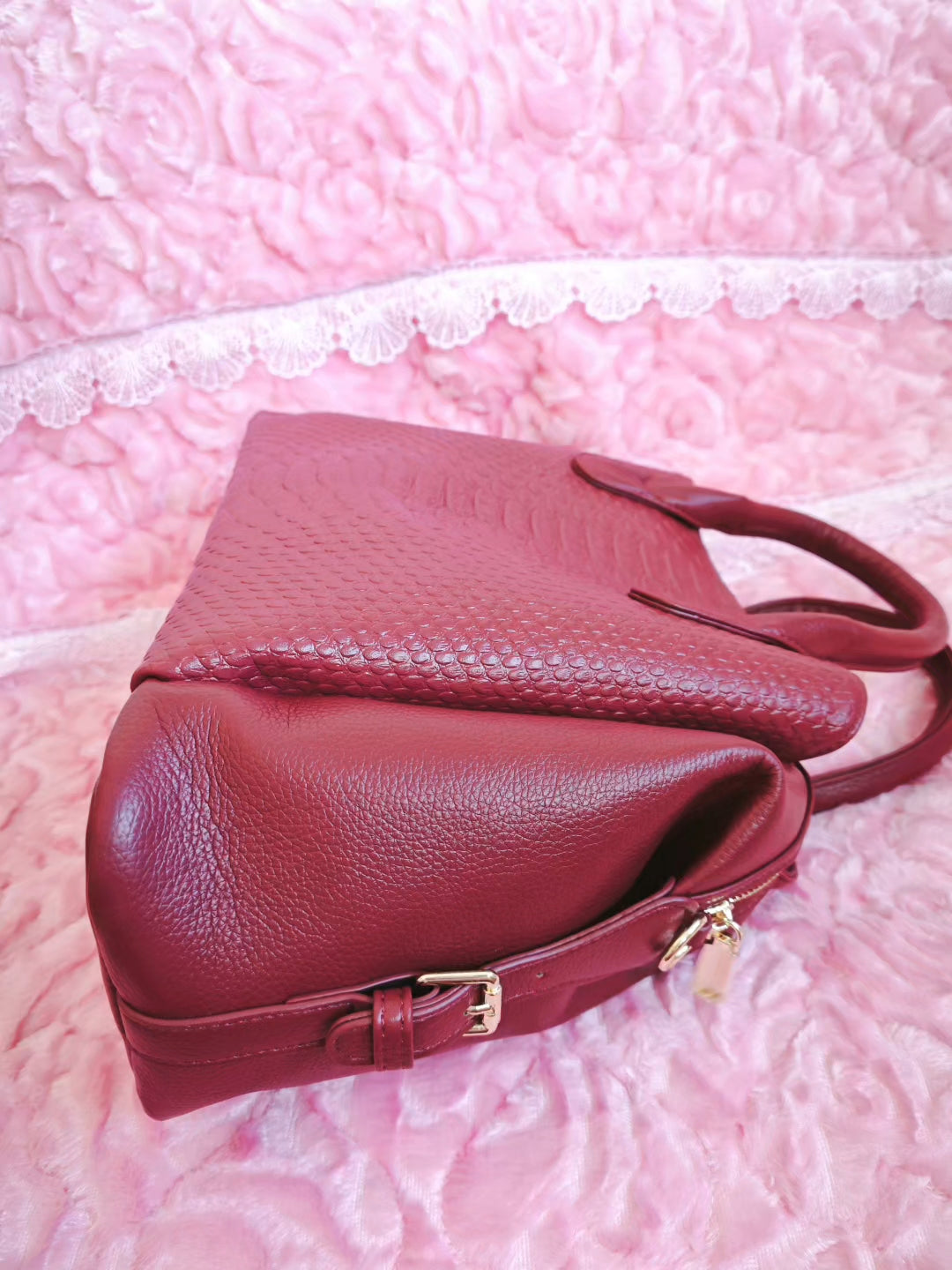 Burgundy Snake-Print Tote Bag