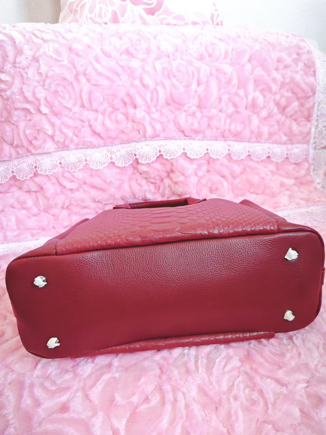 Burgundy Snake-Print Tote Bag