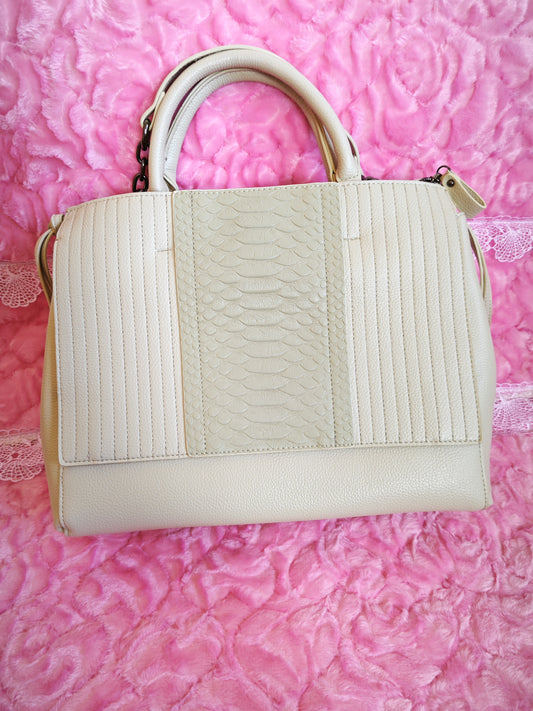 Cream Snake-Print Panel Tote  Bag(Chain Accents)
