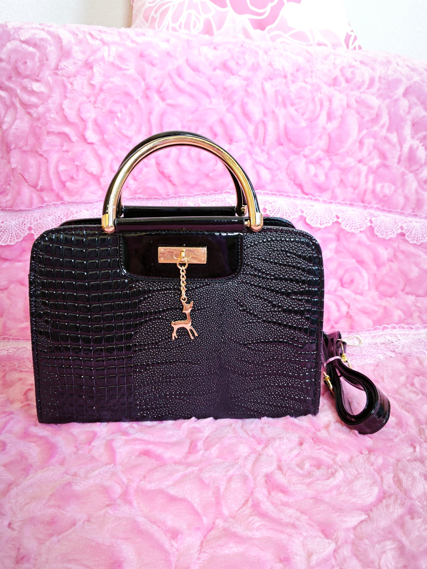 Black Crocodile-Print Mini Handbag with Gold Accents