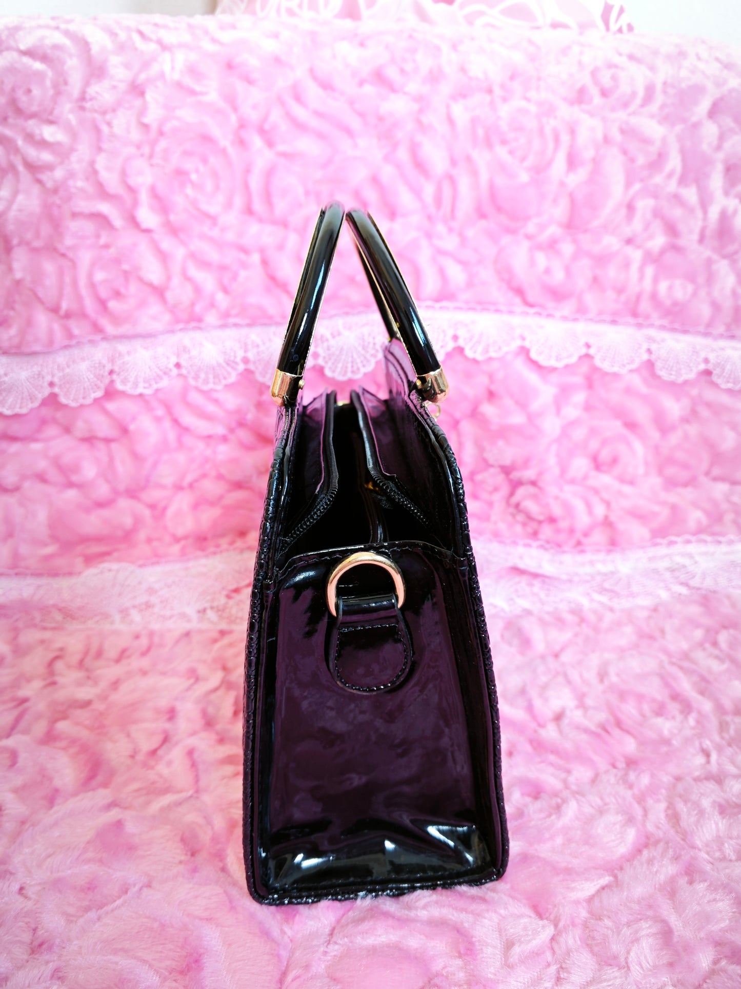 Black Crocodile-Print Mini Handbag with Gold Accents