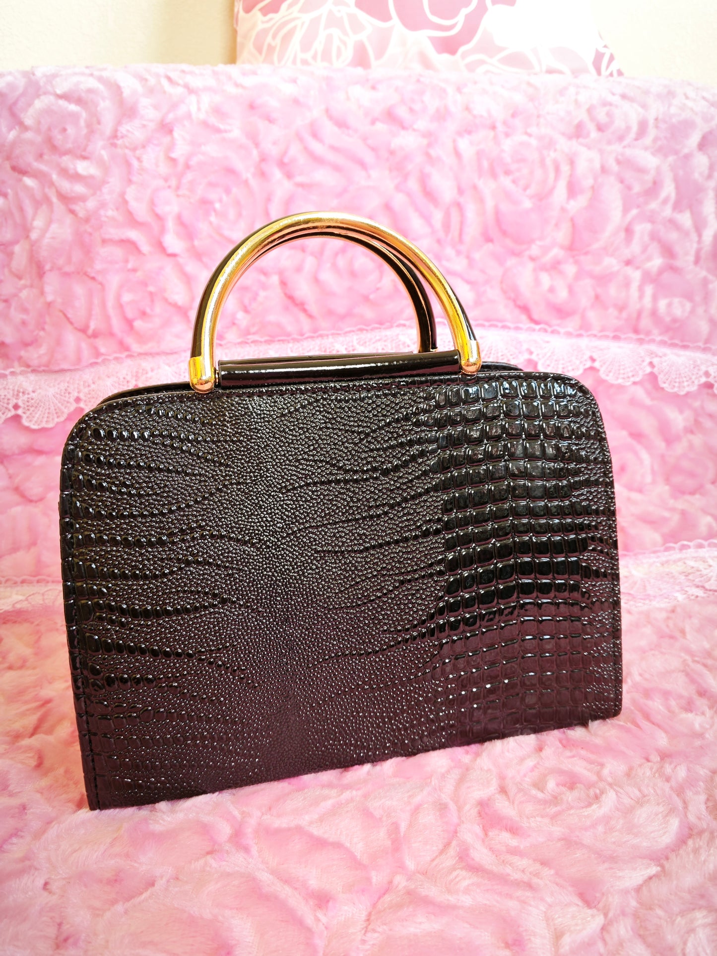 Black Crocodile-Print Mini Handbag with Gold Accents
