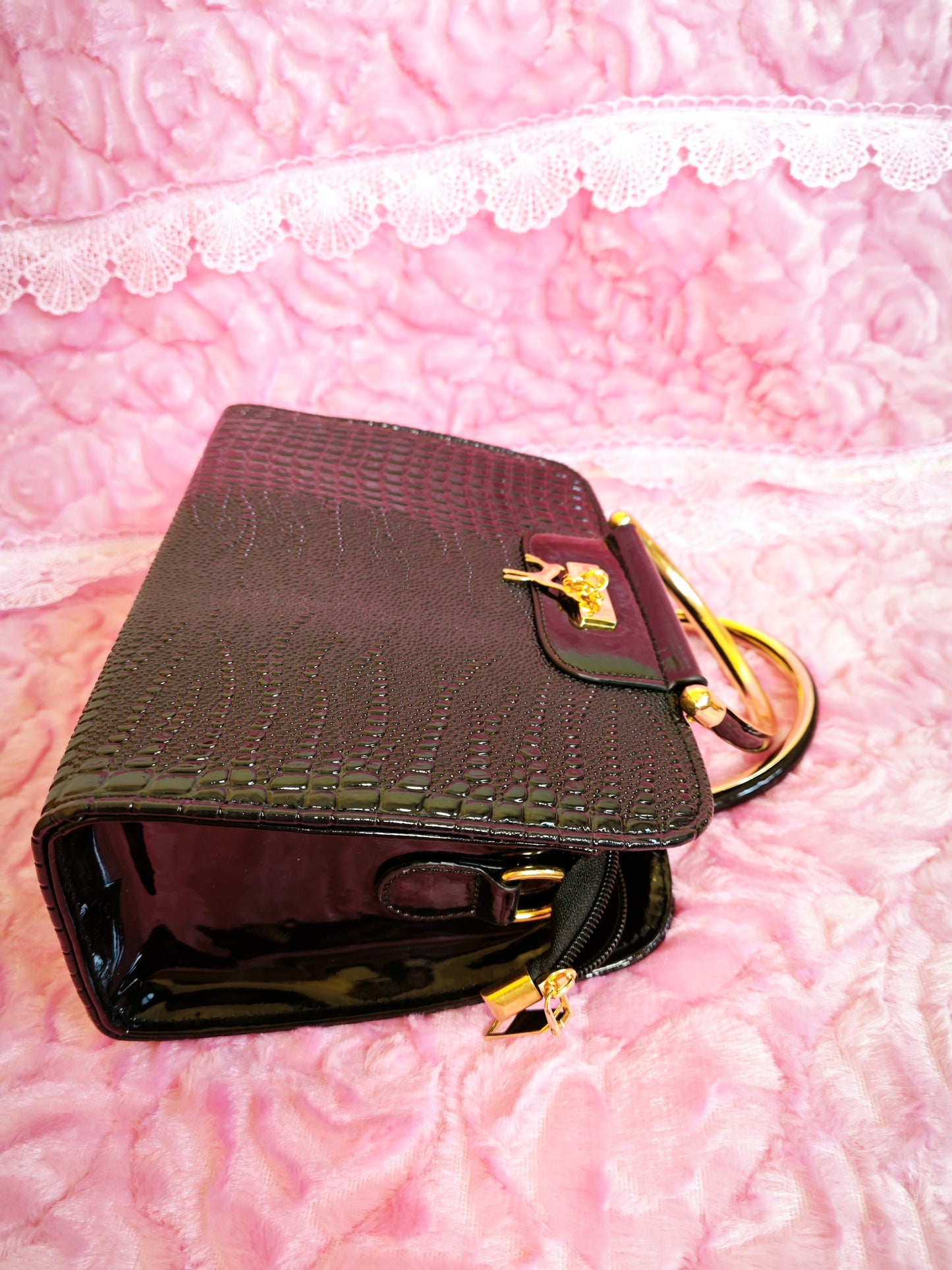 Black Crocodile-Print Mini Handbag with Gold Accents