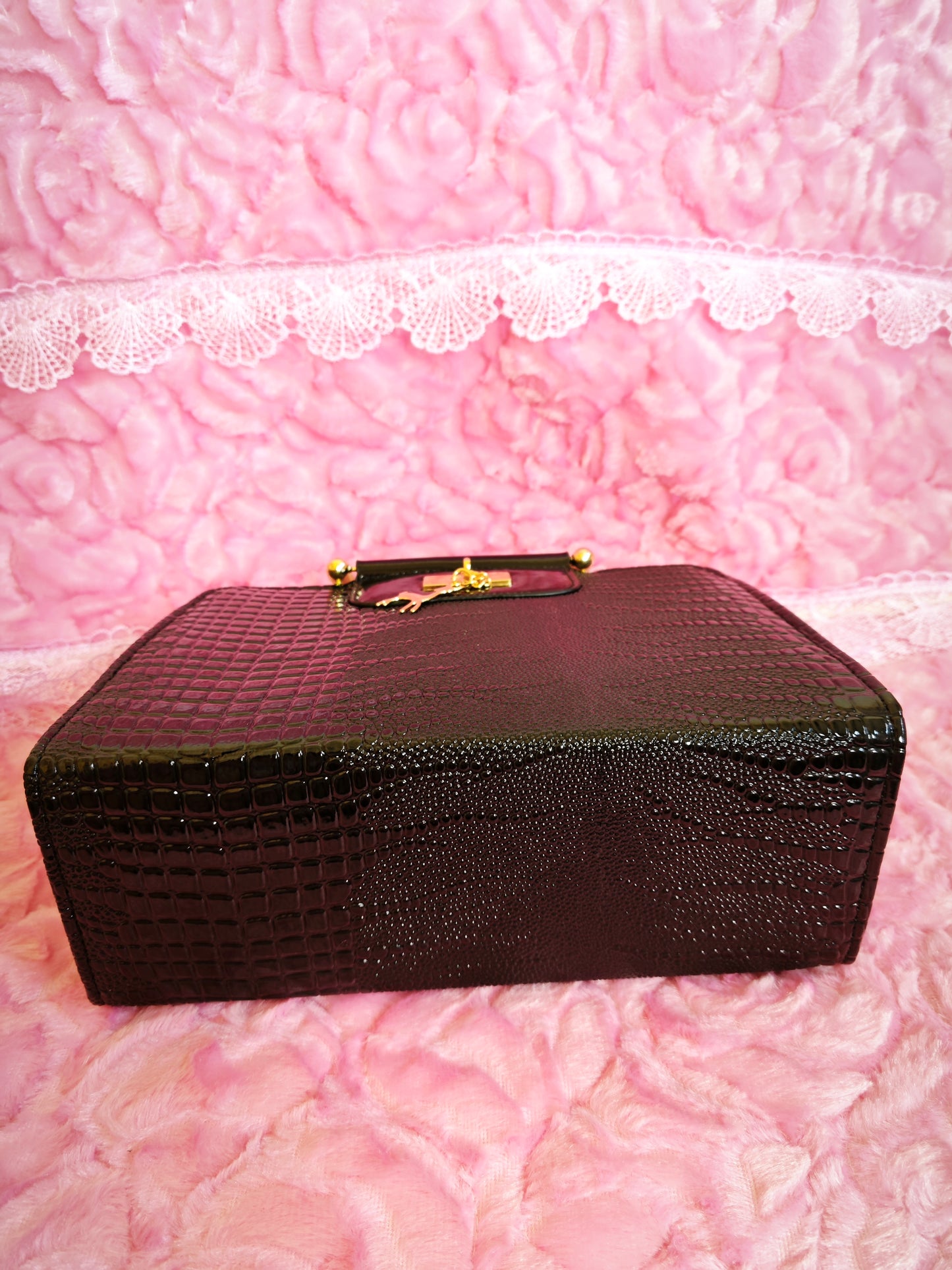 Black Crocodile-Print Mini Handbag with Gold Accents