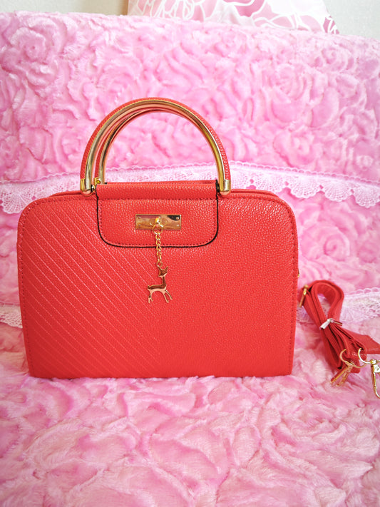 Vibrant Red Textured Mini Handbag with Gold Accents