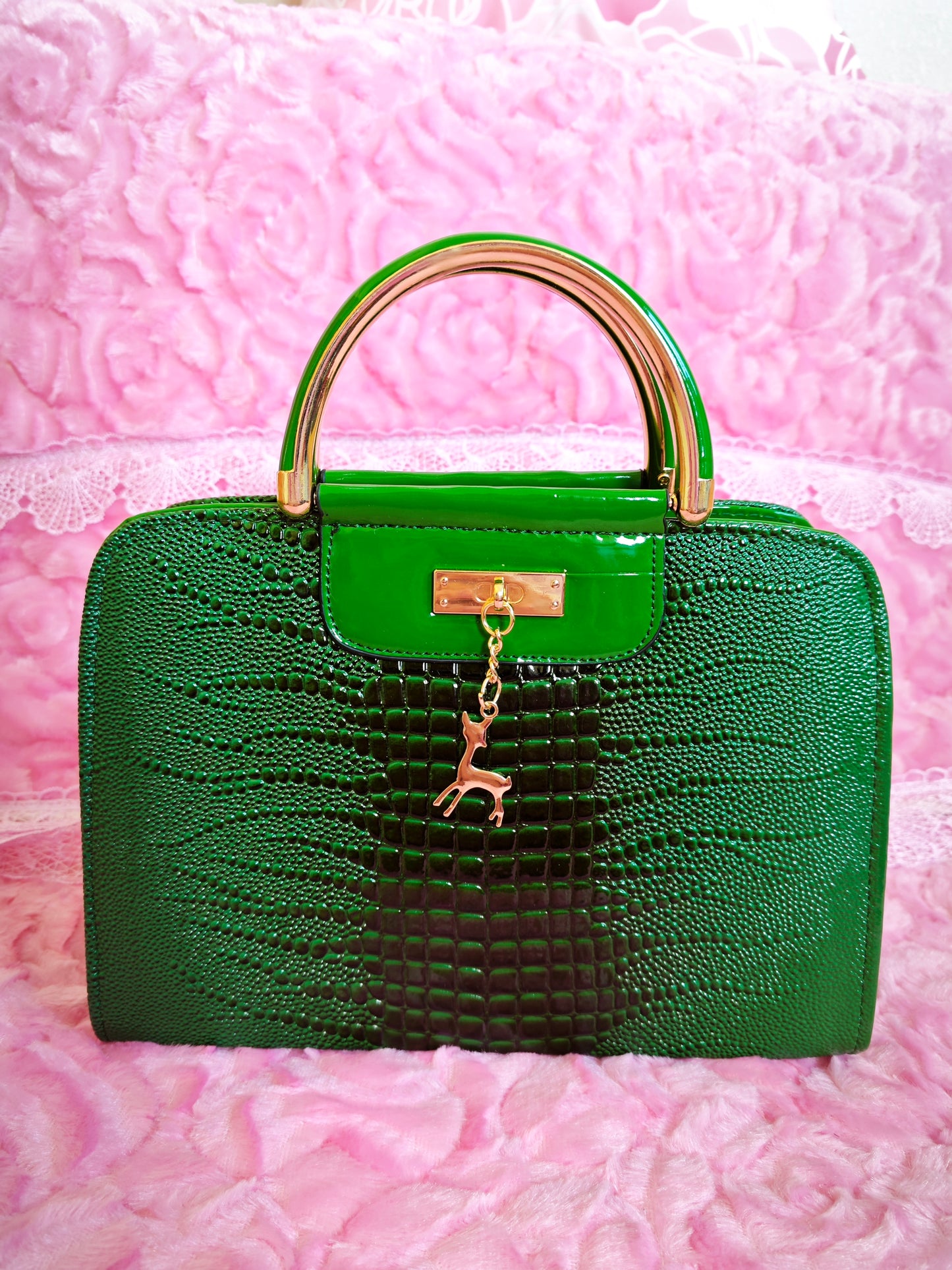 Dark Green Crocodile-Print Mini Handbag with Gold Accents