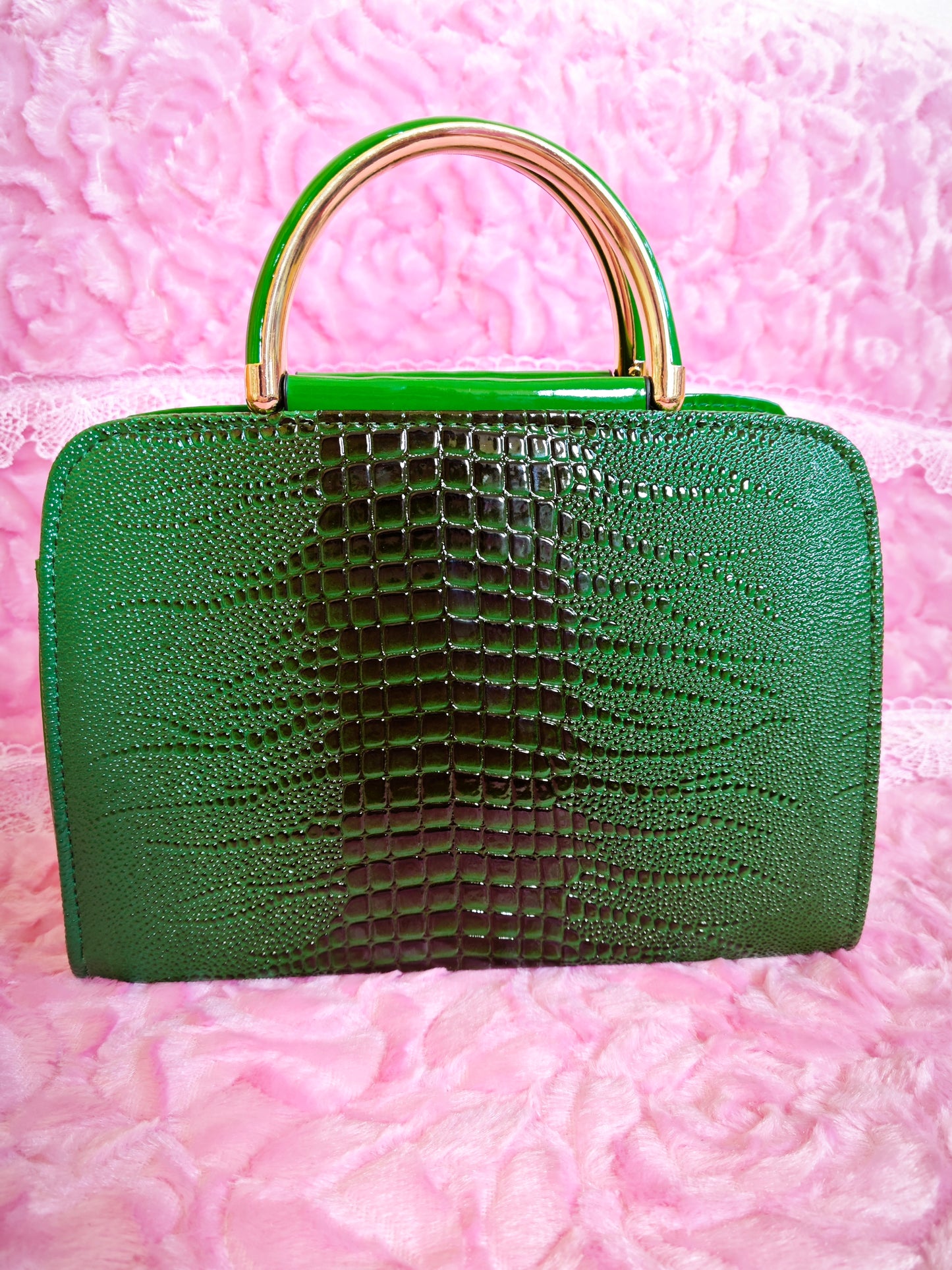 Dark Green Crocodile-Print Mini Handbag with Gold Accents