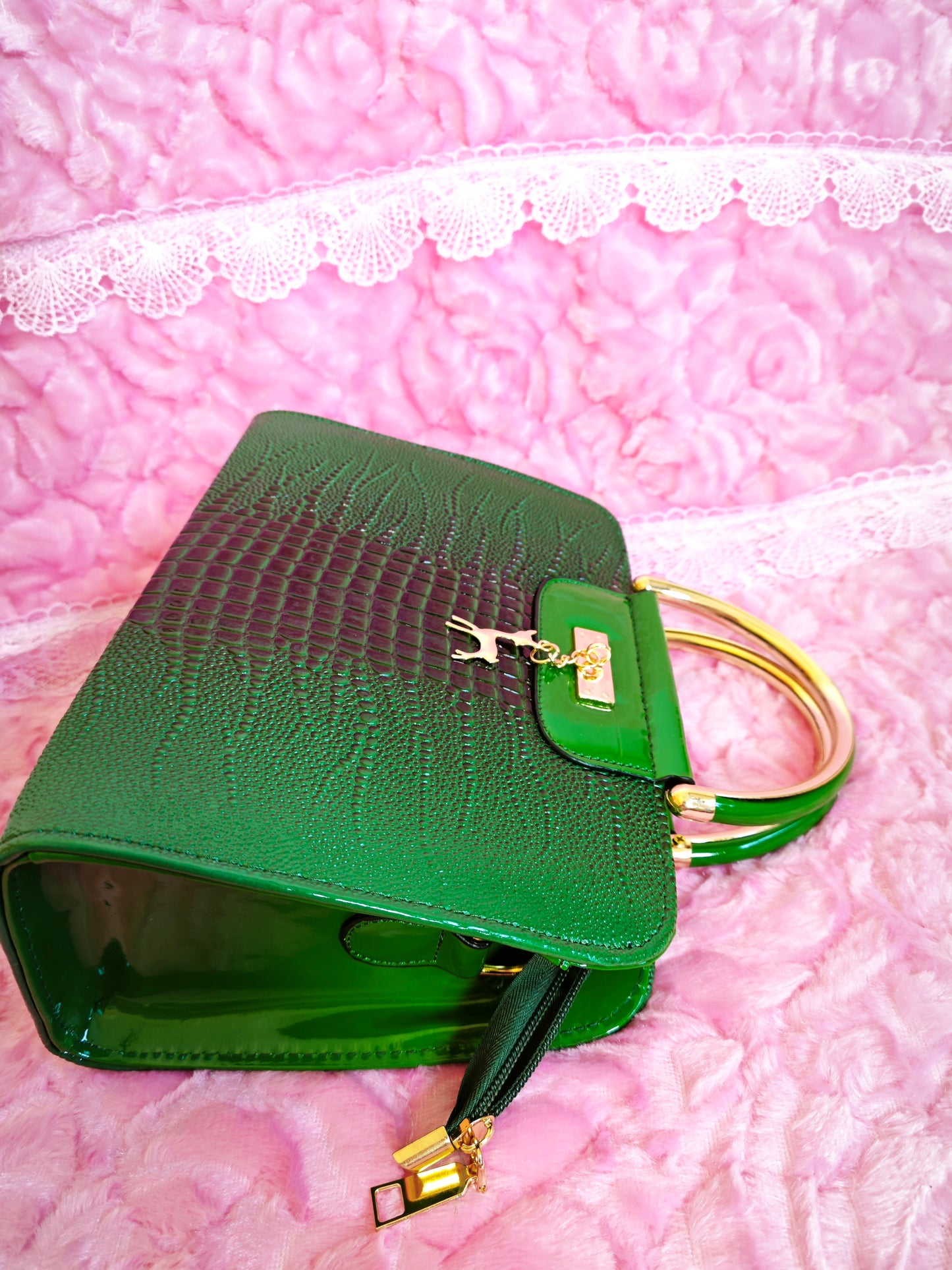 Dark Green Crocodile-Print Mini Handbag with Gold Accents