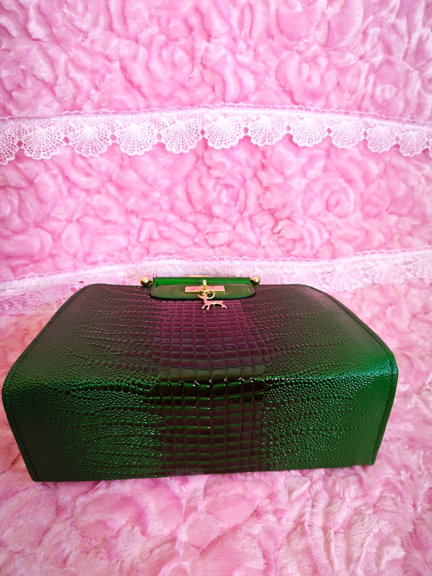 Dark Green Crocodile-Print Mini Handbag with Gold Accents