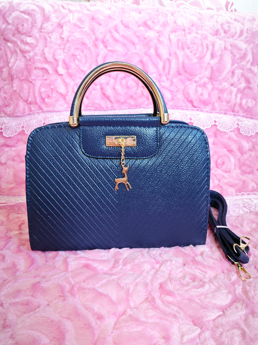 Navy Textured Mini Handbag with Gold Accents