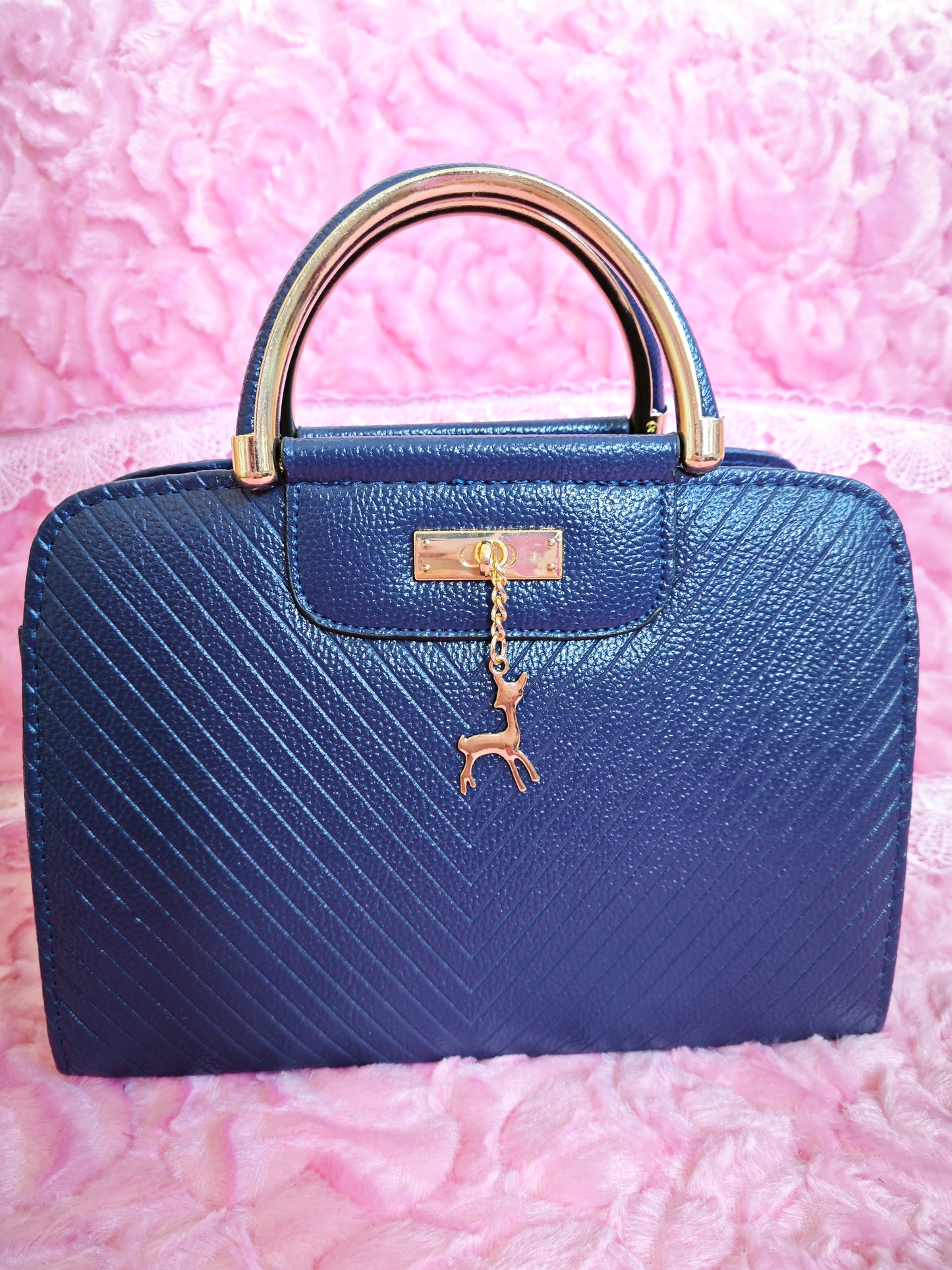 Navy Textured Mini Handbag with Gold Accents