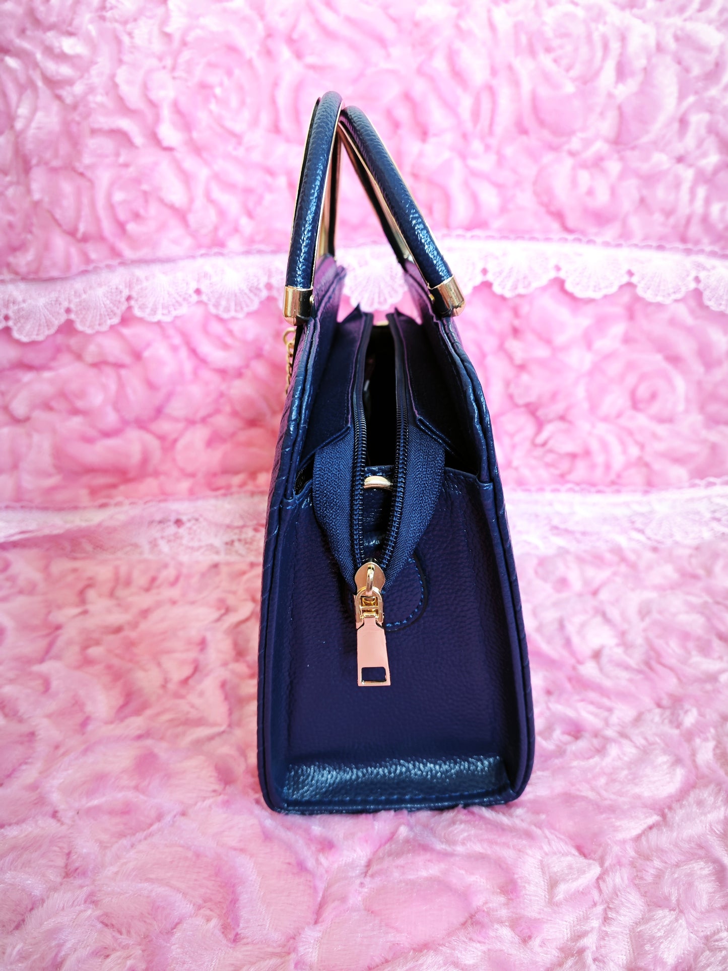 Navy Textured Mini Handbag with Gold Accents