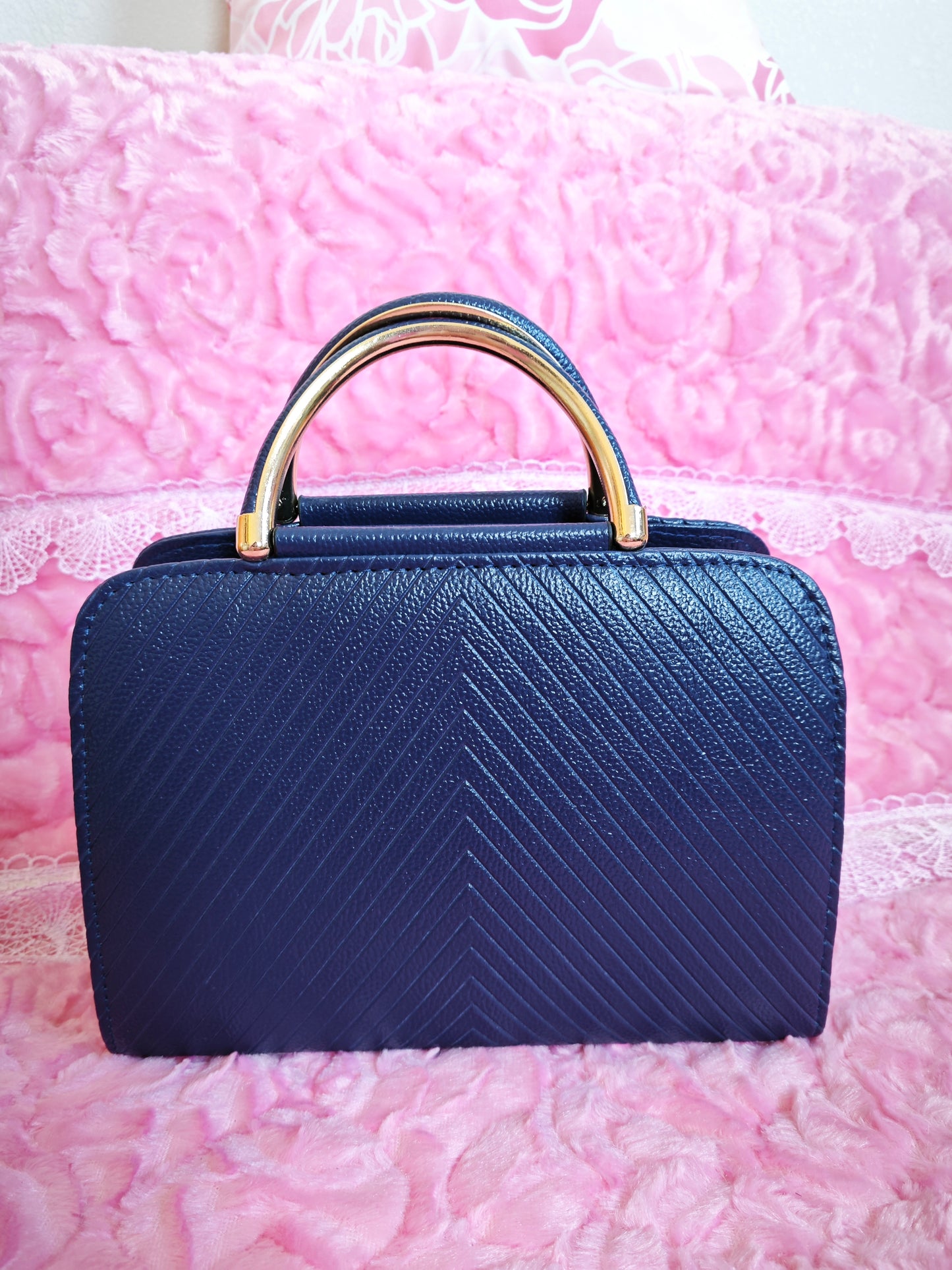 Navy Textured Mini Handbag with Gold Accents