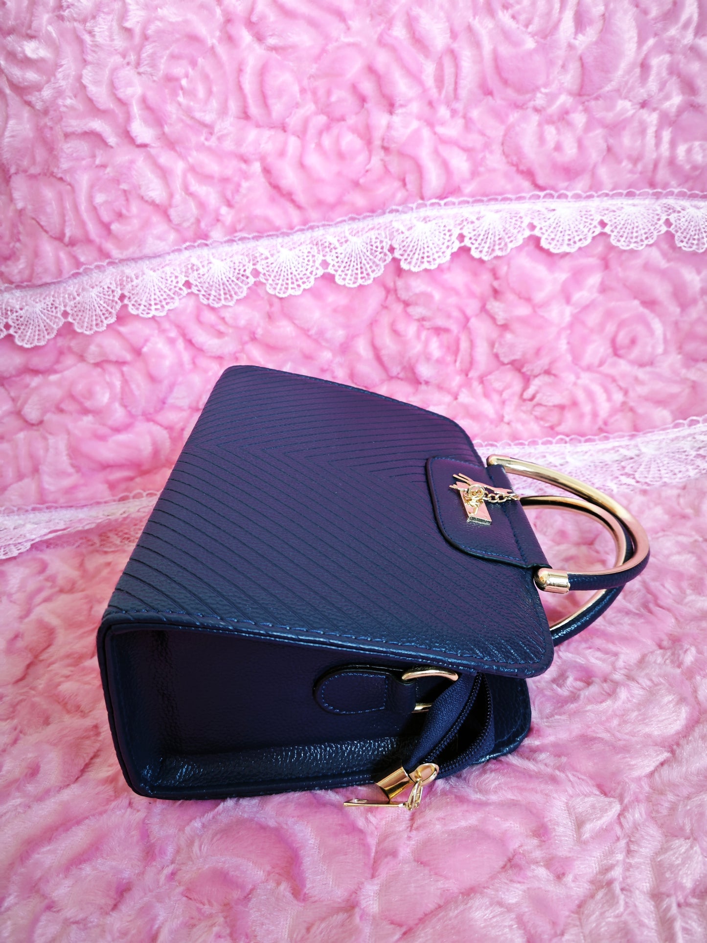 Navy Textured Mini Handbag with Gold Accents