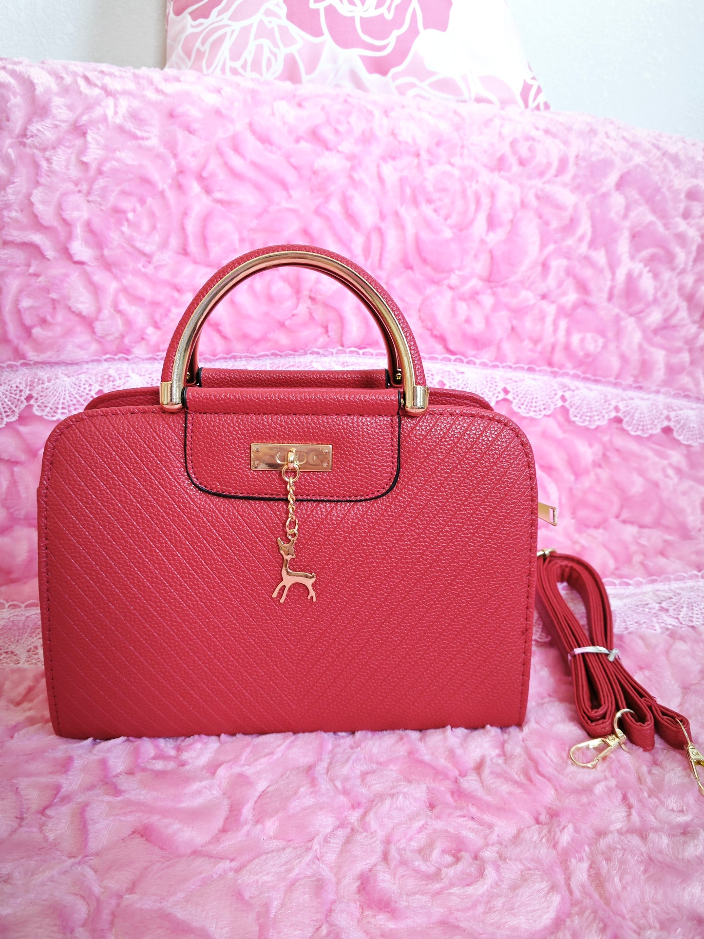 Burgundy Textured Mini Handbag with Gold Accents