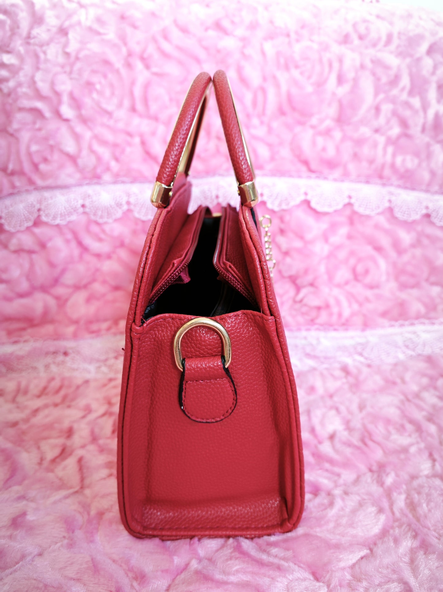 Burgundy Textured Mini Handbag with Gold Accents